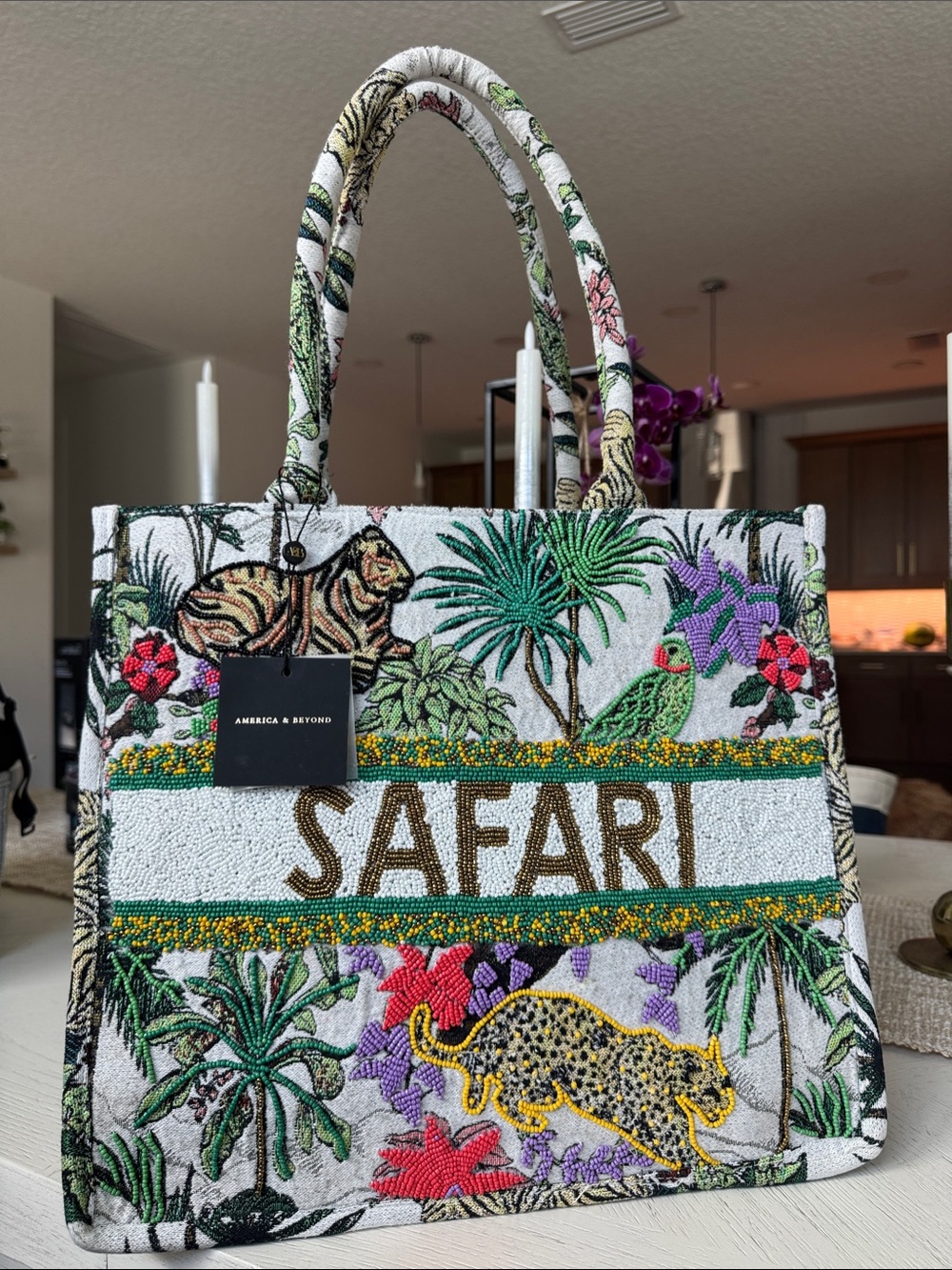 America & Beyond Gold African Safari Beaded Embellished Tote NWT